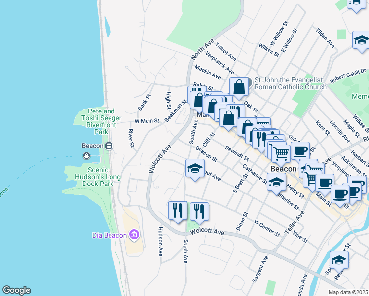 map of restaurants, bars, coffee shops, grocery stores, and more near 29 Beacon Street in Beacon