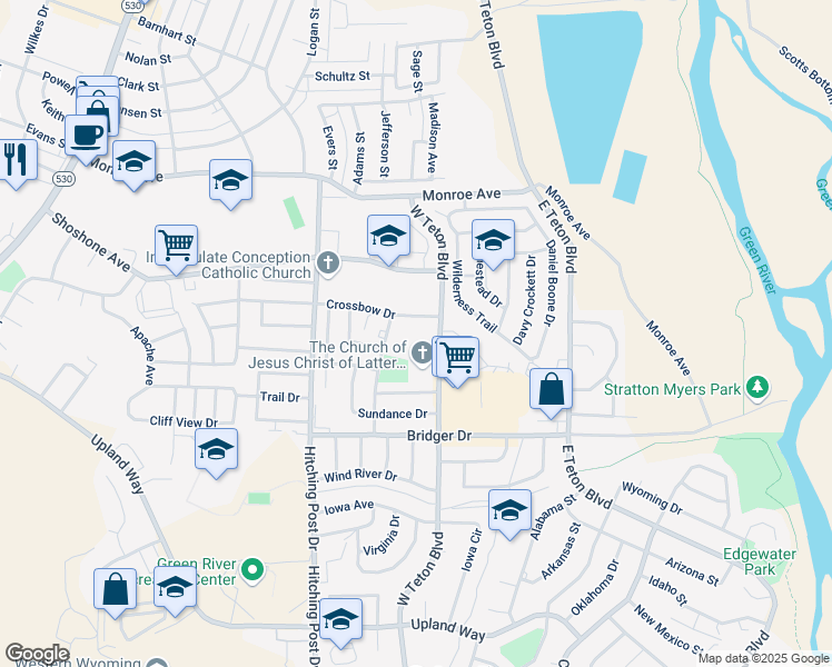 map of restaurants, bars, coffee shops, grocery stores, and more near 700 Crossbow Drive in Green River