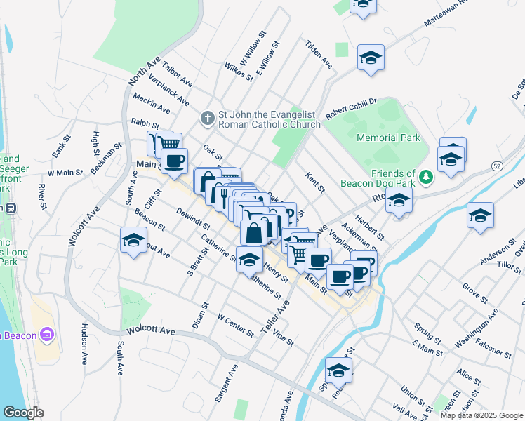 map of restaurants, bars, coffee shops, grocery stores, and more near 20 North Cedar Street in Beacon