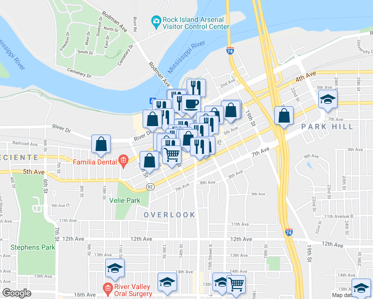 map of restaurants, bars, coffee shops, grocery stores, and more near 1515 5th Avenue in Moline