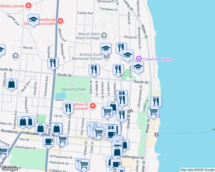 map of restaurants, bars, coffee shops, grocery stores, and more near 160 Lander Street in Newburgh
