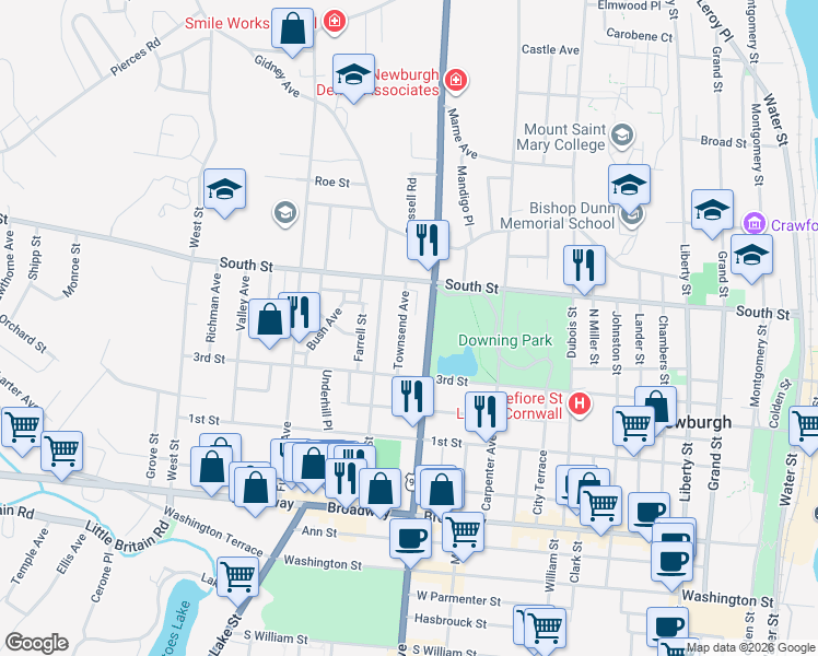 map of restaurants, bars, coffee shops, grocery stores, and more near 51 Townsend Avenue in Newburgh
