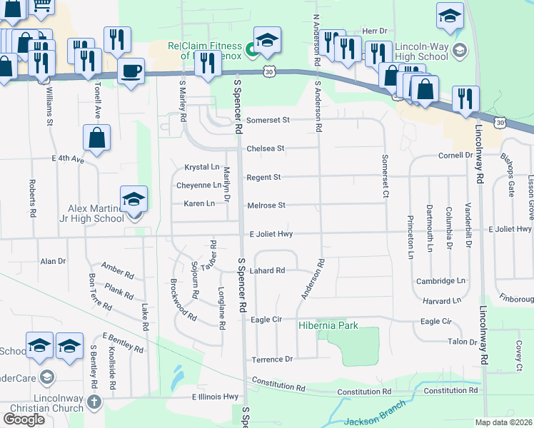 map of restaurants, bars, coffee shops, grocery stores, and more near 806 Melrose Street in New Lenox