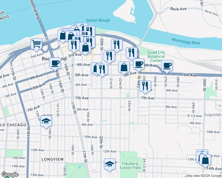 map of restaurants, bars, coffee shops, grocery stores, and more near 2100 6th Avenue in Rock Island