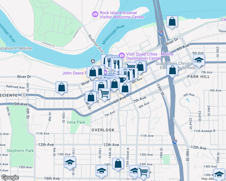 map of restaurants, bars, coffee shops, grocery stores, and more near 1441 5th Avenue in Moline