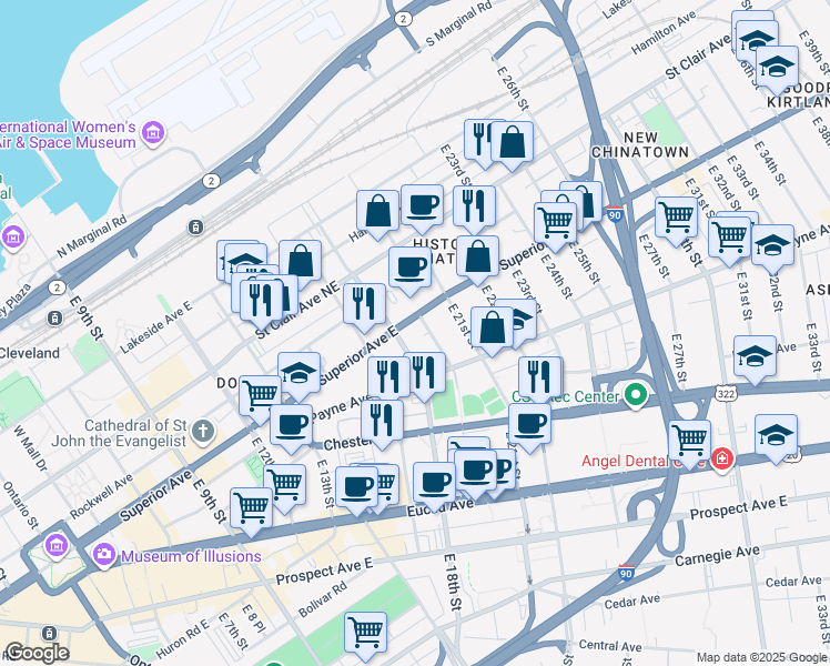 map of restaurants, bars, coffee shops, grocery stores, and more near 1522 East 19th Street in Cleveland