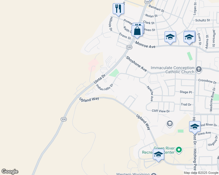 map of restaurants, bars, coffee shops, grocery stores, and more near 1622 Indian Hills Drive in Green River