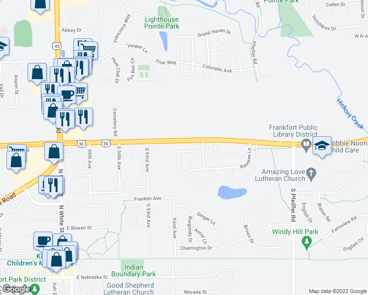 map of restaurants, bars, coffee shops, grocery stores, and more near 9168 Arbour Walk Drive in Frankfort