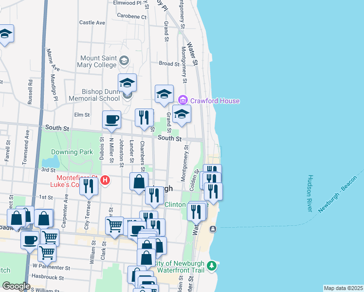 map of restaurants, bars, coffee shops, grocery stores, and more near 123 Montgomery Street in Newburgh