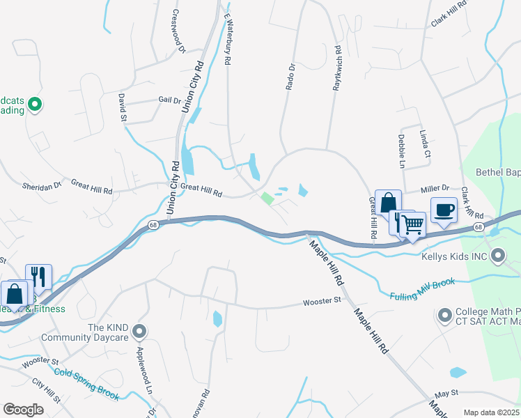 map of restaurants, bars, coffee shops, grocery stores, and more near 64 East Waterbury Road in Naugatuck