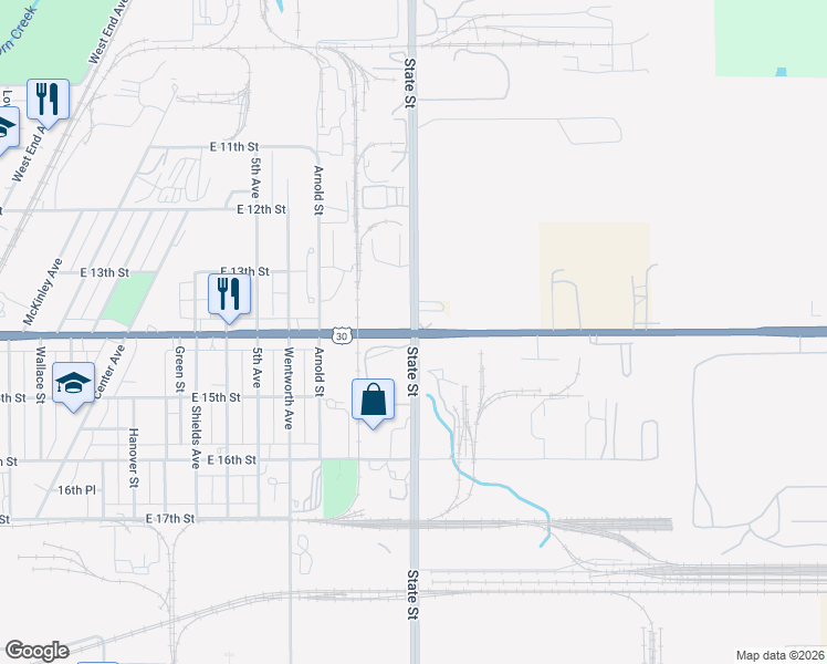 map of restaurants, bars, coffee shops, grocery stores, and more near State Street in Chicago Heights