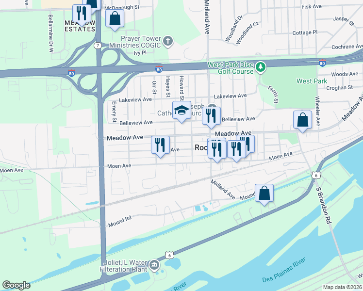 map of restaurants, bars, coffee shops, grocery stores, and more near 724 Meadow Avenue in Rockdale