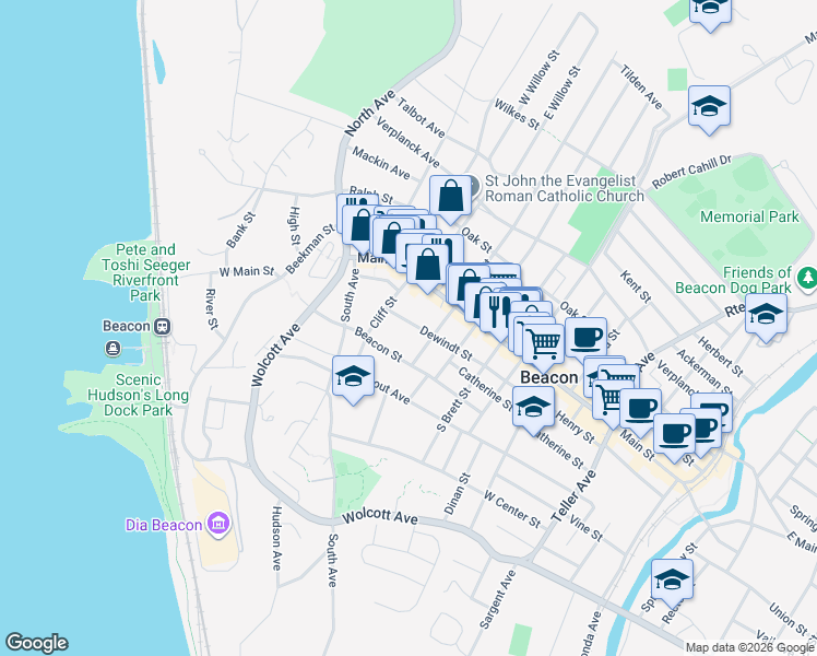 map of restaurants, bars, coffee shops, grocery stores, and more near 15 Dewindt Street in Beacon