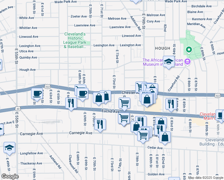 map of restaurants, bars, coffee shops, grocery stores, and more near 1911 East 73rd Street in Cleveland