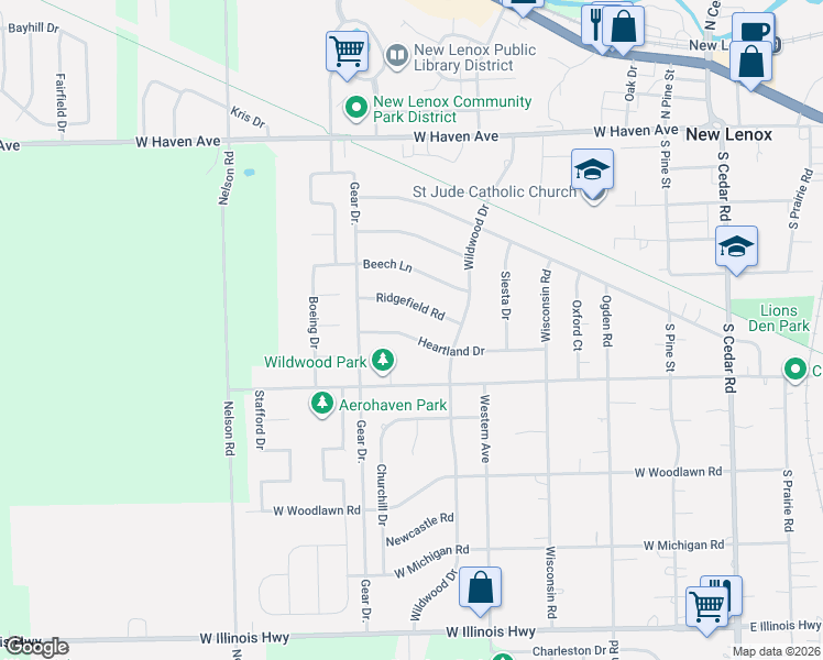 map of restaurants, bars, coffee shops, grocery stores, and more near 605 Heartland Drive in New Lenox