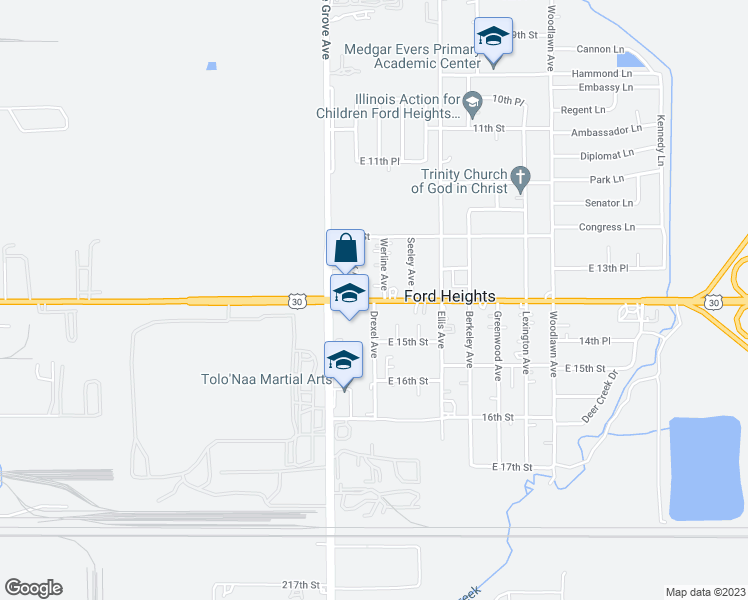 map of restaurants, bars, coffee shops, grocery stores, and more near 927 14th Street in Ford Heights