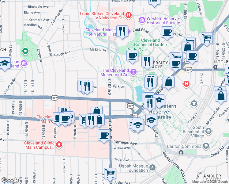 map of restaurants, bars, coffee shops, grocery stores, and more near 10510 Park Lane in Cleveland