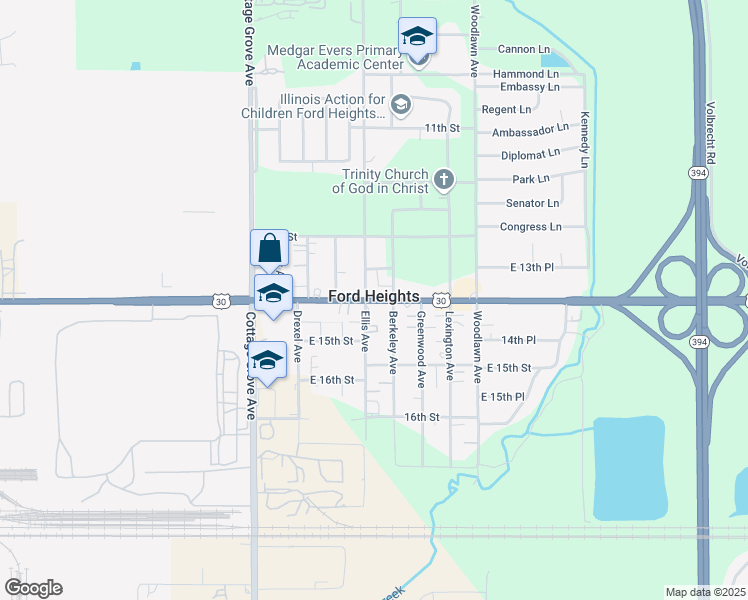 map of restaurants, bars, coffee shops, grocery stores, and more near 1027 14th Street in Ford Heights