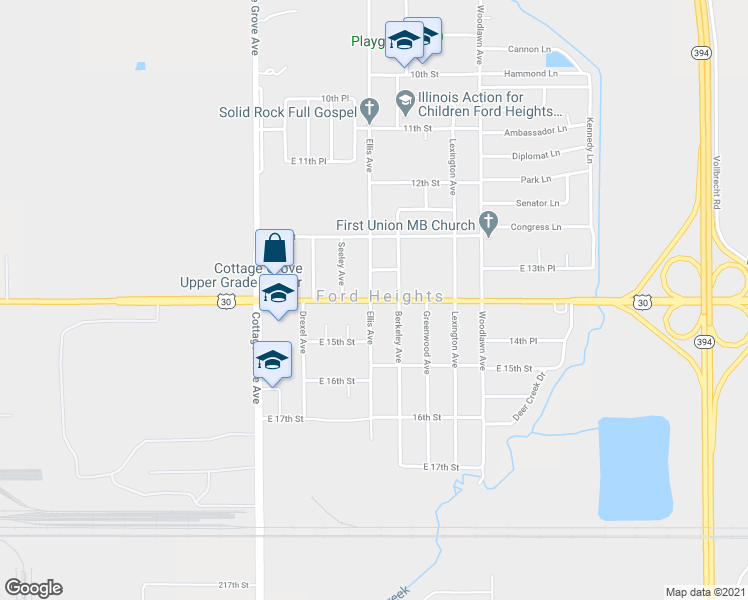 map of restaurants, bars, coffee shops, grocery stores, and more near 1009 14th Street in Ford Heights