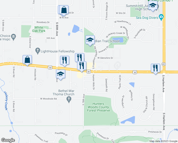 map of restaurants, bars, coffee shops, grocery stores, and more near 7777 West Lincoln Highway in Frankfort
