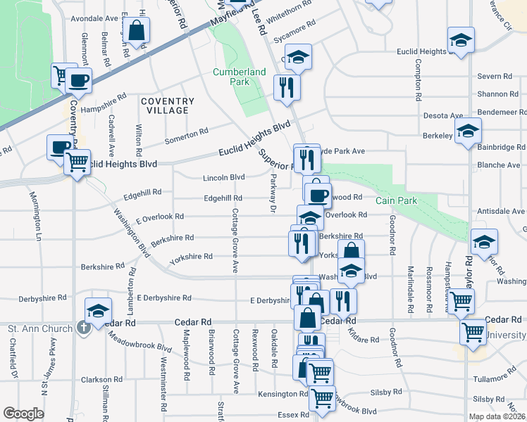 map of restaurants, bars, coffee shops, grocery stores, and more near 3119 East Overlook Road in Cleveland Heights