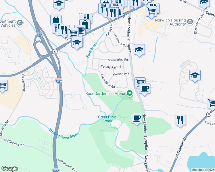 map of restaurants, bars, coffee shops, grocery stores, and more near 2 Fairway Lane in Norwich