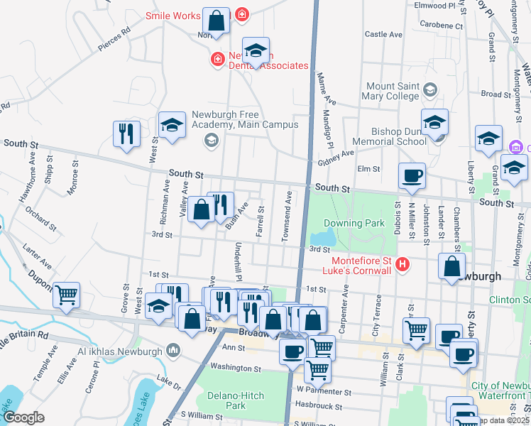 map of restaurants, bars, coffee shops, grocery stores, and more near 23 Farrell Street in Newburgh