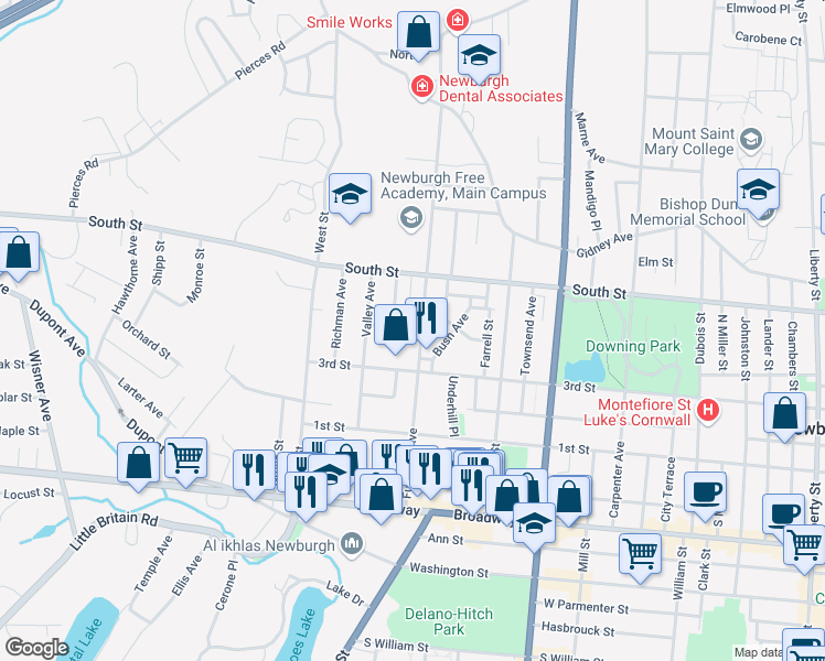 map of restaurants, bars, coffee shops, grocery stores, and more near 141 Fullerton Avenue in Newburgh