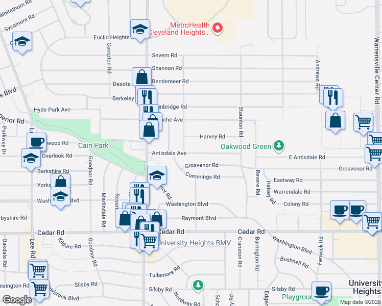 map of restaurants, bars, coffee shops, grocery stores, and more near 3559 Antisdale Avenue in Cleveland Heights
