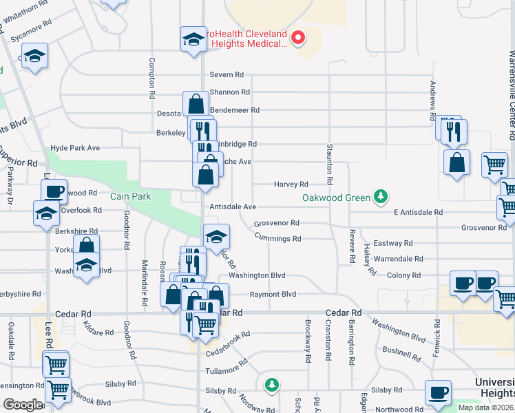 map of restaurants, bars, coffee shops, grocery stores, and more near 3559 Antisdale Avenue in Cleveland Heights