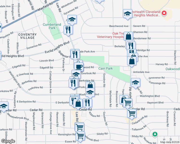map of restaurants, bars, coffee shops, grocery stores, and more near 3277 East Overlook Road in Cleveland Heights