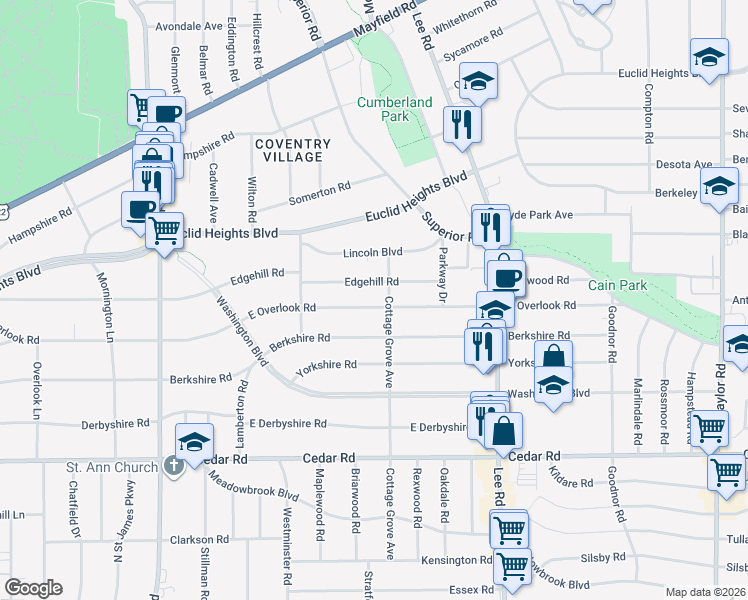 map of restaurants, bars, coffee shops, grocery stores, and more near 3030 Edgehill Road in Cleveland Heights