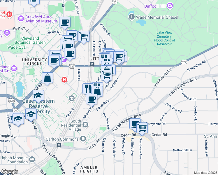 map of restaurants, bars, coffee shops, grocery stores, and more near 2080 Murray Hill Road in Cleveland