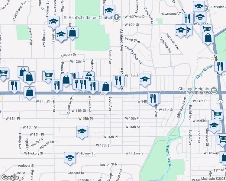 map of restaurants, bars, coffee shops, grocery stores, and more near 1330 Ashland Avenue in Chicago Heights