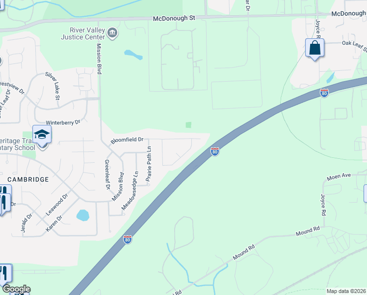 map of restaurants, bars, coffee shops, grocery stores, and more near 2818 Bloomfield Drive in Joliet