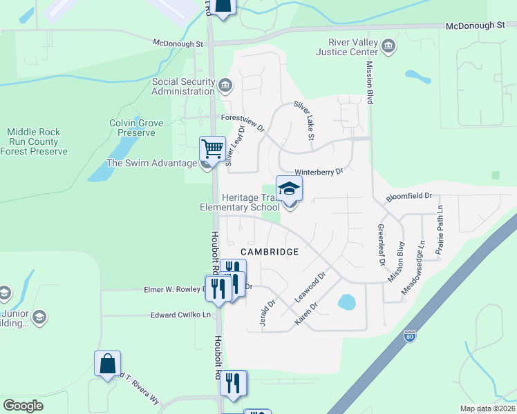 map of restaurants, bars, coffee shops, grocery stores, and more near 837 Mulford Lane in Joliet