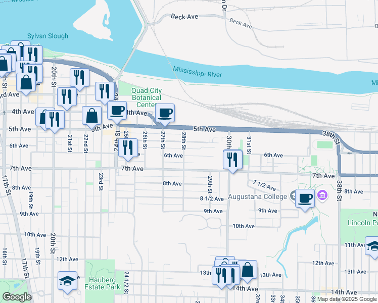 map of restaurants, bars, coffee shops, grocery stores, and more near 536 28th Street in Rock Island