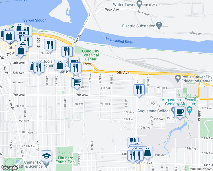 map of restaurants, bars, coffee shops, grocery stores, and more near 536 28th Street in Rock Island