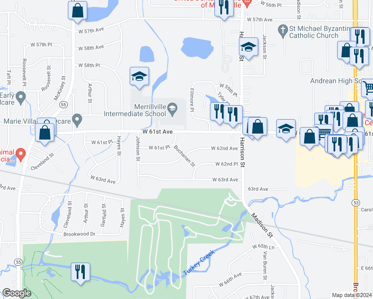 map of restaurants, bars, coffee shops, grocery stores, and more near 1140 West 62nd Avenue in Merrillville