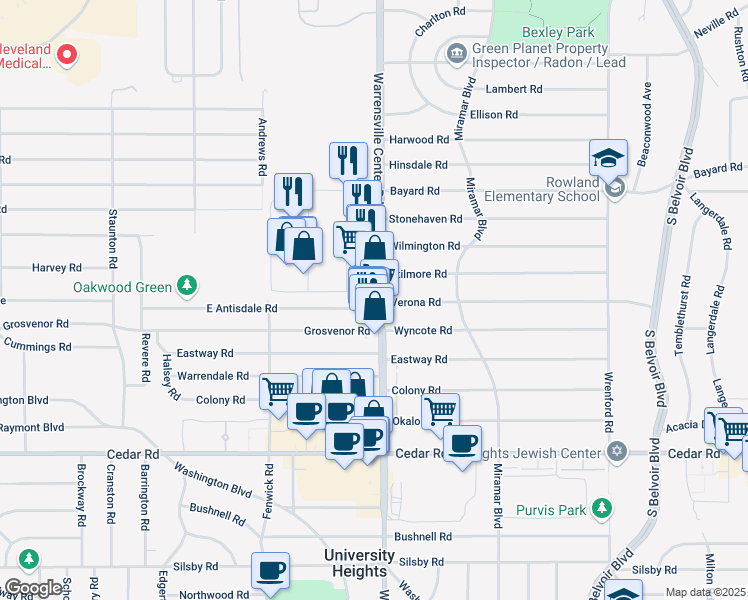 map of restaurants, bars, coffee shops, grocery stores, and more near 1960 Warrensville Center Road in South Euclid