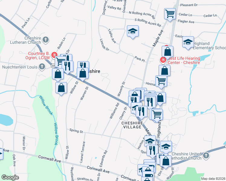 map of restaurants, bars, coffee shops, grocery stores, and more near 318 West Main Street in Cheshire