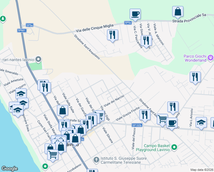 map of restaurants, bars, coffee shops, grocery stores, and more near 48 Viale delle Isole in Anzio