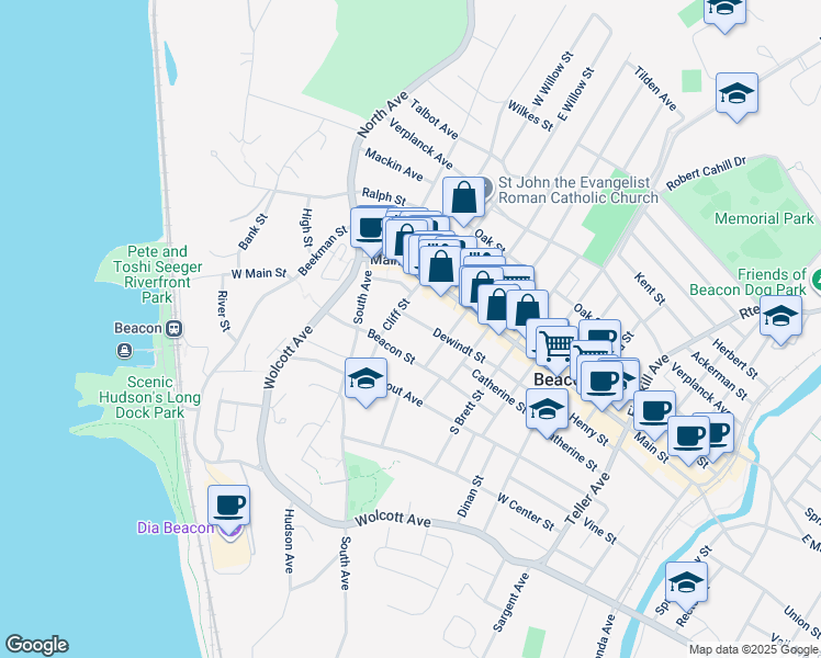 map of restaurants, bars, coffee shops, grocery stores, and more near 9 Dewindt Street in Beacon