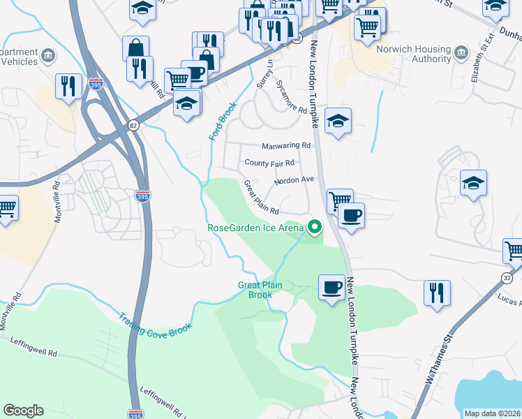 map of restaurants, bars, coffee shops, grocery stores, and more near 2 Fairway Lane in Norwich
