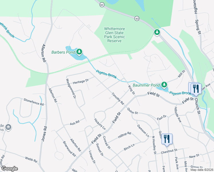 map of restaurants, bars, coffee shops, grocery stores, and more near 63 Partridgetown Road in Naugatuck