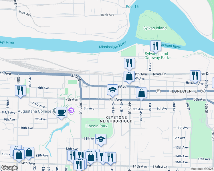 map of restaurants, bars, coffee shops, grocery stores, and more near 552 42nd Street in Rock Island