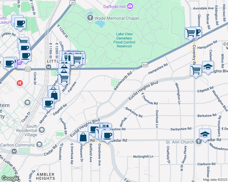 map of restaurants, bars, coffee shops, grocery stores, and more near Kenilworth Road in Cleveland