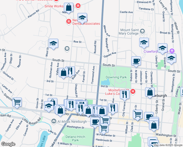 map of restaurants, bars, coffee shops, grocery stores, and more near 51 Townsend Avenue in Newburgh