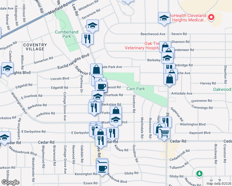 map of restaurants, bars, coffee shops, grocery stores, and more near 3277 East Overlook Road in Cleveland Heights