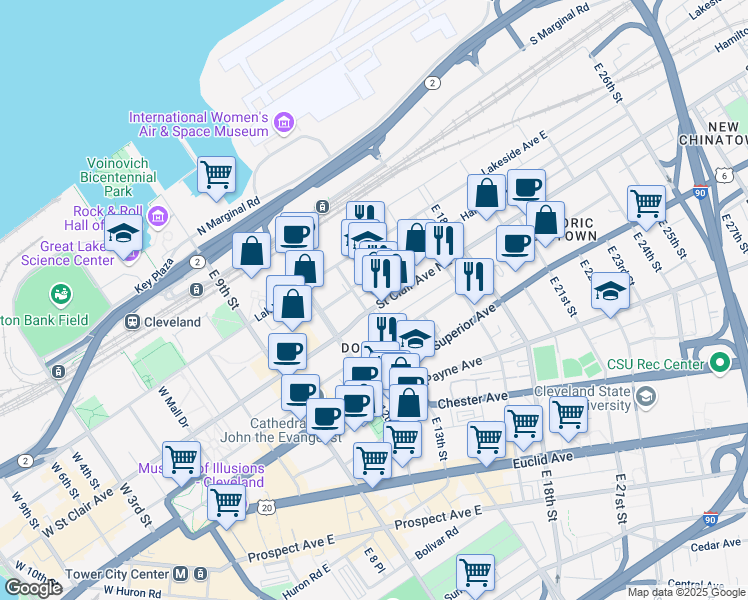 map of restaurants, bars, coffee shops, grocery stores, and more near 1421 Saint Clair Avenue Northeast in Cleveland